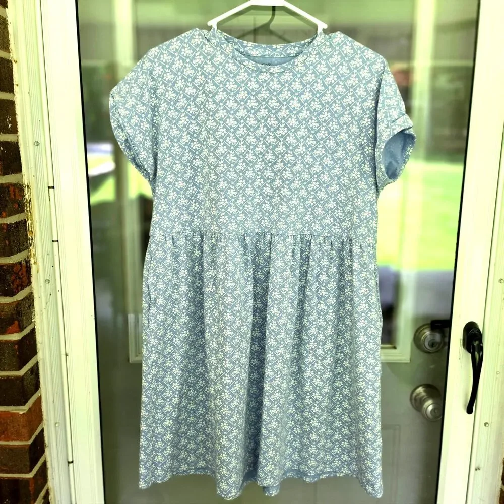 Vineyard Vines Girls XL Blue Every Day Jersey Dress Calm Water Floral Pattern